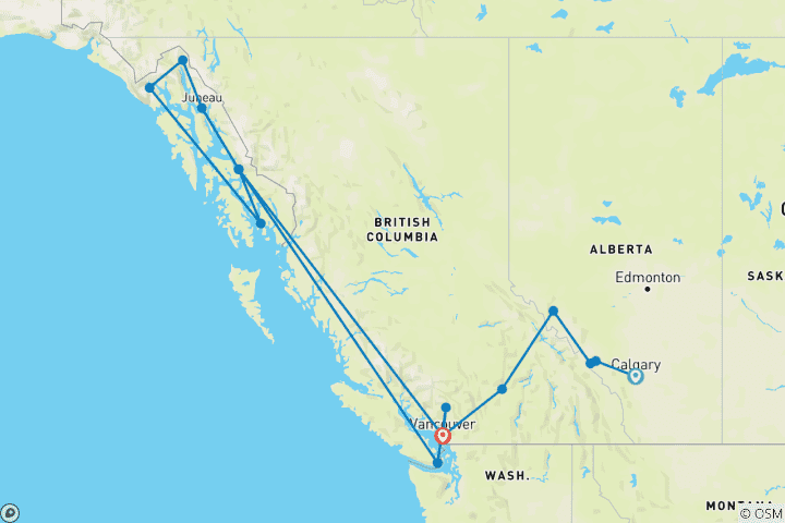 Map of Calgary Stampede and the Rockies with Alaska Cruise Calgary → Vancouver (2026)