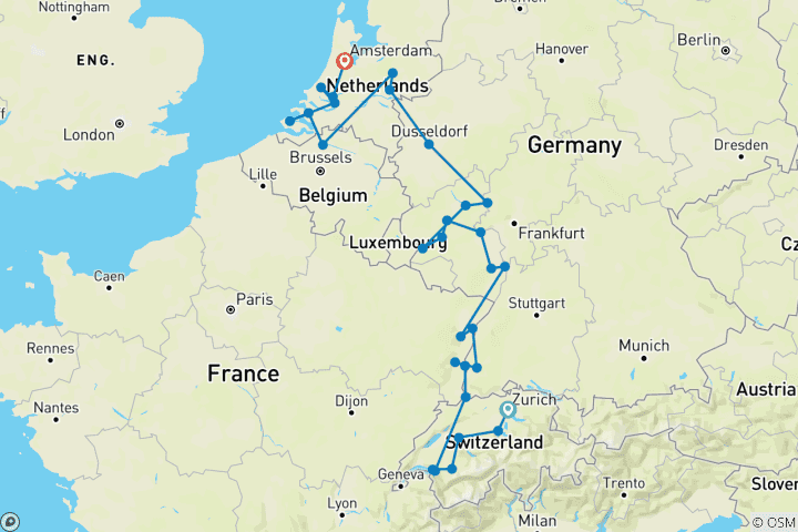 Carte du circuit Romantique Rhin et Moselle avec la Suisse 2026 - 19 jours (from Zurich to Amsterdam)