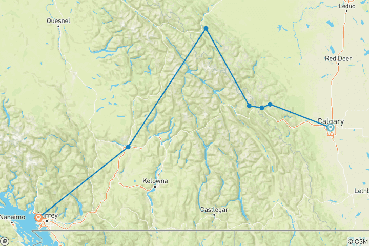 Map of 7-Day Canadian Rockies Tour from Calgary | Bus & VIA Rail Train Experience to Vancouver