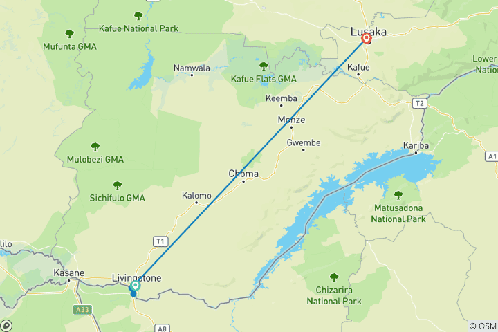 Mapa de Auténtica Cultura y Vida Salvaje de Zambia en un Safari por Nanzhila 10 Días/09 Noches