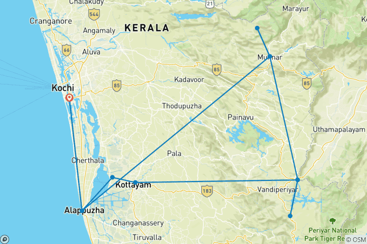 Kaart van Vrouwenreis - Kerala backwaters 10 daagse itneary