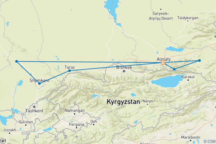 Karte von Private 9 Tage Süd-Kasachstan Tour, tägliche Sterne und exklusiver Reiseleiter & Auto