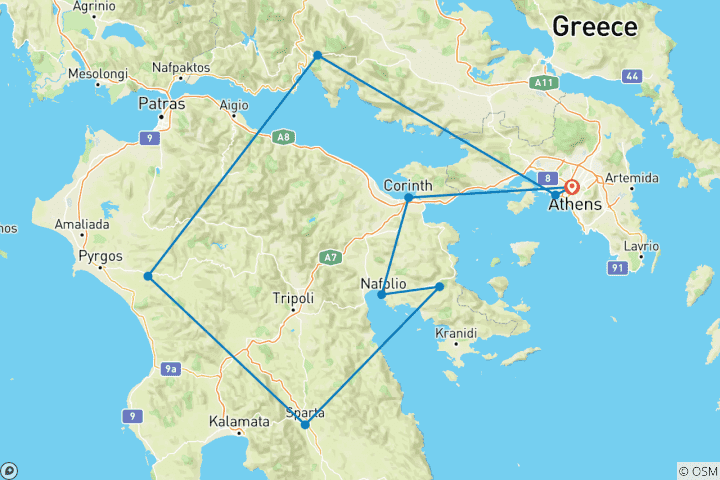 Karte von Griechenland Rundreise 8 Tage - Das antike Griechenland