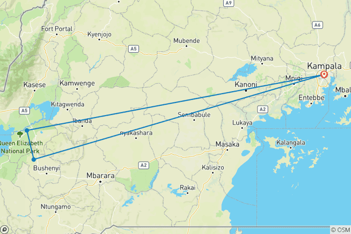 Carte du circuit 4 jours de découverte du Parc national de la Reine Elizabeth avec safari et croisière en bateau !