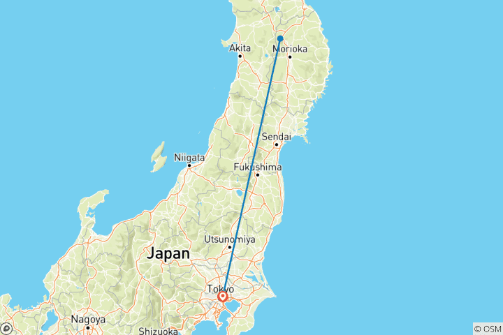 Karte von Tokio Aufenthalt und Appi Kogen Ski Abenteuer 2025-26