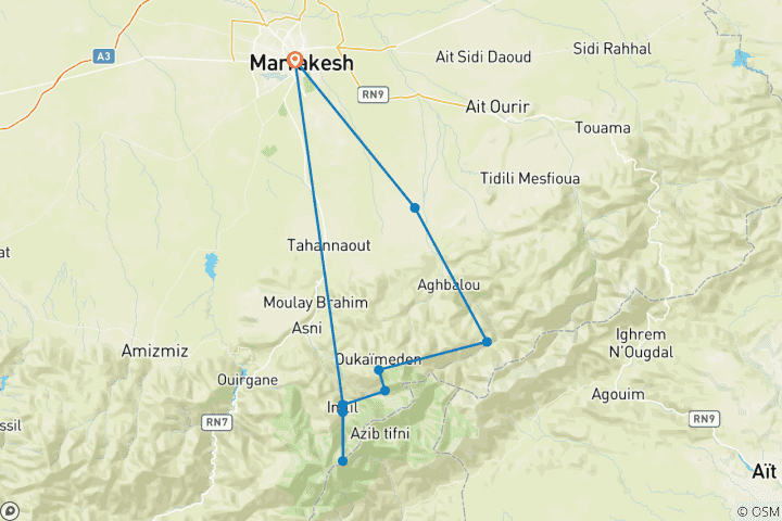 Kaart van Gepersonaliseerde 6-daagse Marokko Reis met Trek, Dagelijks Vertrek & Eigen Auto