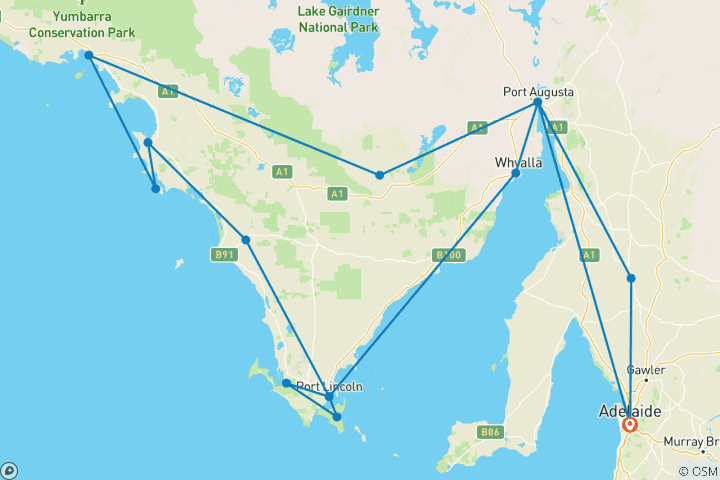 Map of Explore the Eyre Peninsula Adelaide → Adelaide (2026)