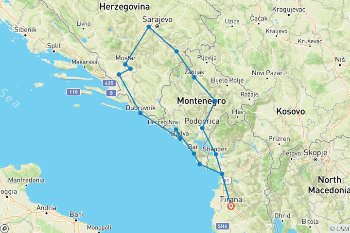 Kaart van Westelijke Balkan Ontdekkingsreis "Blauwe Route"