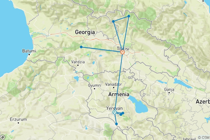 Mapa de 7 Días Armenia Joyas Gemelas del Cáucaso: Armenia y Georgia