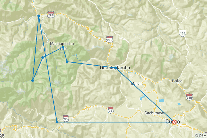 Kaart van 4-daagse trektocht van Salkantay naar Machu Picchu