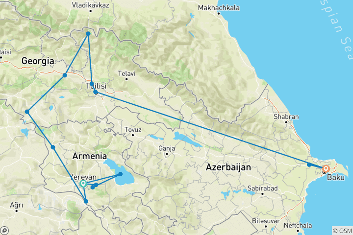 Carte du circuit Circuit privé Découvrez le Caucase : Tour d'horizon de l'Arménie, de la Géorgie et de l'Azerbaïdjan