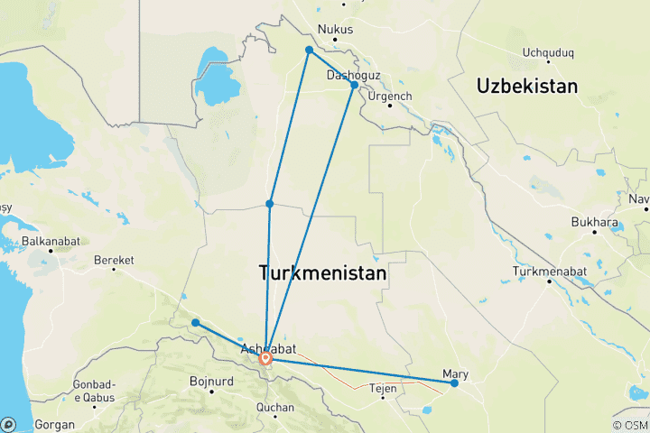 Map of Customized 7-Day Best Turkmenistan Trip, Daily Start & Private Guide