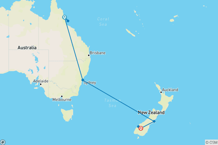 Carte du circuit Merveilles du Pacifique Sud (de Cairns à Queenstown) (2026)