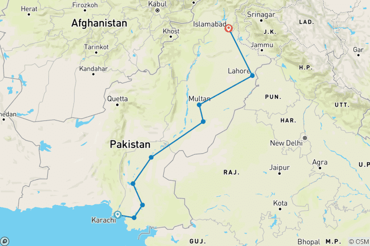 Carte du circuit Circuit des sites du patrimoine de l'UNESCO et de la civilisation de la vallée de l'Indus au Pakistan