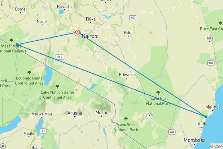 Karte von Bush & Beach Safari mit Hemingways Collection