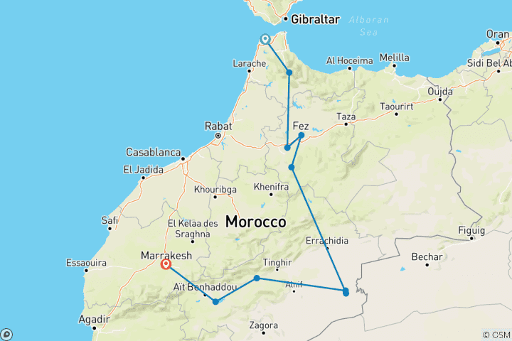 Map of Private 5-Day Tour from Tangier To Marrakech via Chefchaouen, Fes, Sahara  (4 Star Hotels)