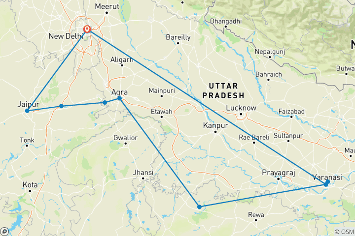 Karte von Private 10 Tage durch das Goldene Dreieck, die Khajuraho-Tempel und Varanasi: Delhi, Jaipur, Agra, Taj Mahal & Ganges Spirituelle Reise