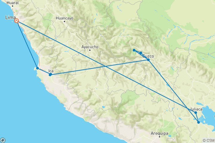 Map of 8 Days Tour: Lima, Cusco, Machu Picchu & Puno – Includes Domestic Flights & Vistadome Train