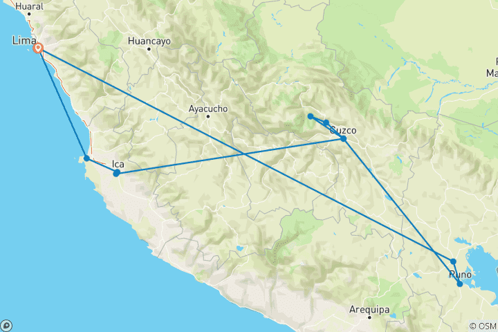 Carte du circuit Circuit de 8 jours : Lima, Cusco, Machu Picchu et Puno - Vols intérieurs et train touristique inclus