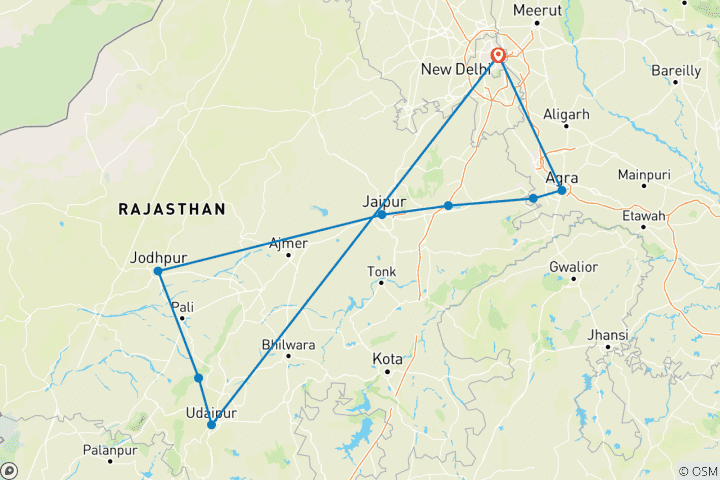 Karte von 9-tägige Kulturreise durch Rajasthan und Agra: Delhi, Agra, Fatehpur Sikri, Abhaneri, Jaipur, Jodhpur, Ranakpur, Udaipur