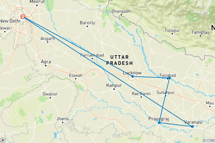 Carte du circuit Circuit spirituel et patrimonial privé de 8 jours en Inde du Nord : Varanasi, Ayodhya, Prayagraj, Lucknow et Delhi