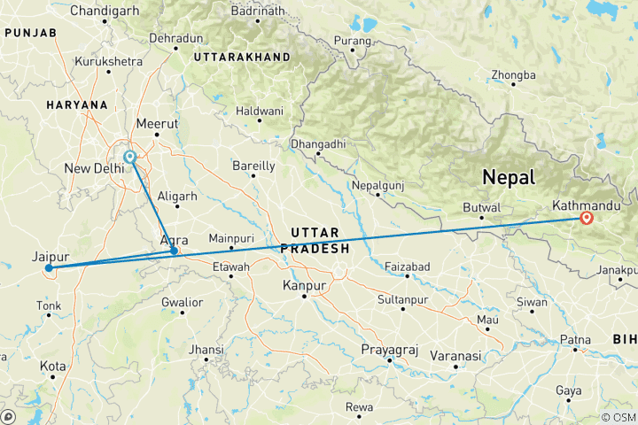 Map of Independent India & Nepal: The Golden Triangle and Kathmandu