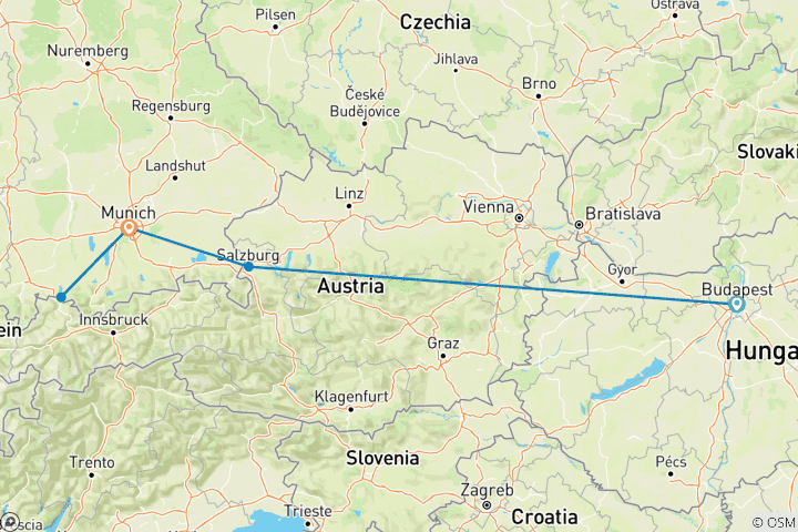 Karte von 10 Tage Reise mit dem Zug durch Budapest, Salzburg und München