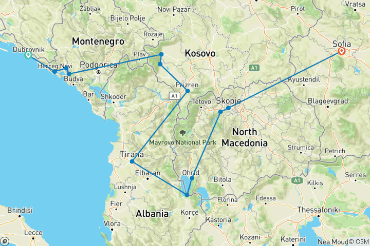 Carte du circuit Balkan Express - vers le sud. Croatie, Monténégro, Kosovo, Albanie, Macédoine du Nord, Bulgarie