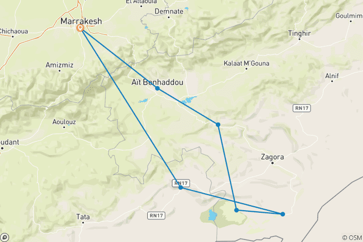 Kaart van 3-Daags Marrakech naar Erg Chegaga woestijnavontuur
