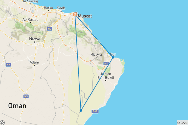 Carte du circuit Circuit familial privé de 3 jours à Oman, départ quotidien, guide et voiture exclusifs