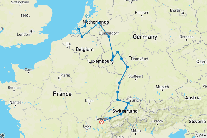 Kaart van Romantisch Rijn & Moezel met Zwitserland Scenic Club Vertrek 2026 - 22 Dagen