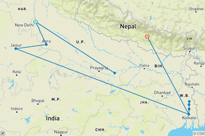 Carte du circuit Héritage de l'Inde et du Gange avec Varanasi et Katmandou