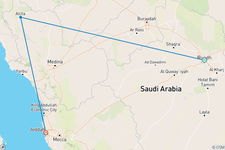 Carte du circuit Arabie saoudite Bucketlist : Rêves de désert, souks et lignes d'horizon