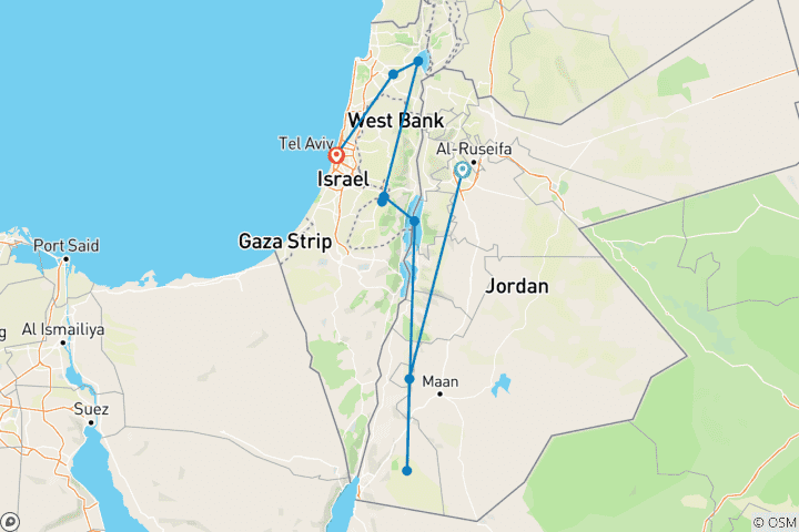 Mapa de Tour Privado Personalizado de 11 Días por Jordania e Israel, Salida Diaria y Coche Exclusivo