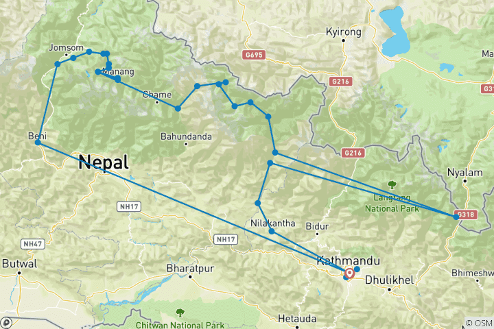 Map of Manaslu and Annapurna Circuit Trek with Tilicho Lake