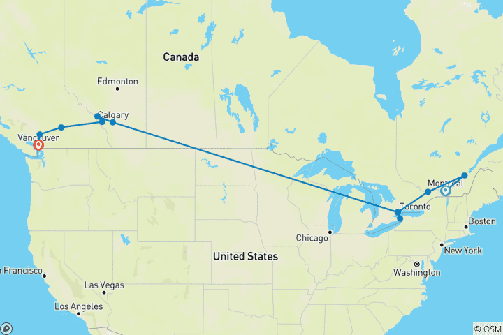 Kaart van Canadese contrasten - Oost-West Canada rondreis