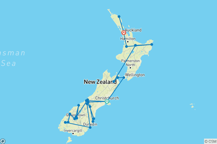 Carte du circuit Incroyable Nouvelle-Zélande Christchurch → Auckland (2026)