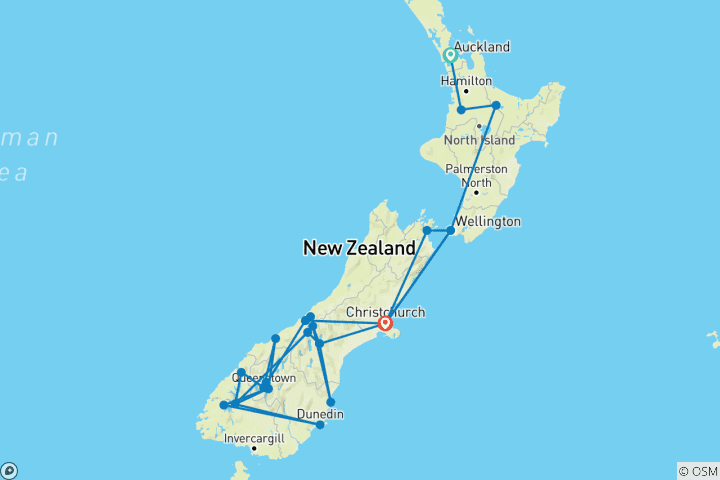 Carte du circuit New Zealand Discoverer Auckland → Christchurch (2026)