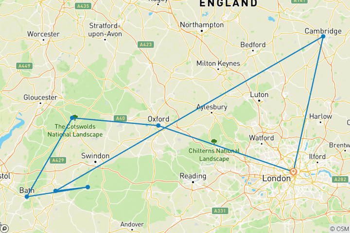 Carte du circuit Oxford, Cotswolds, Bath, Avebury et Cambridge - 5 jours (petit groupe)