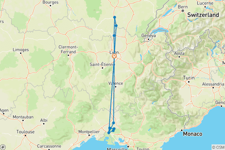 Carte du circuit France | Bourgogne et Provence | Circuit à vélo et en bateau sur le Rhône et la Saône