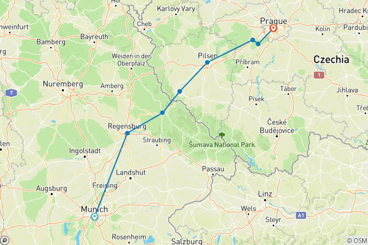 Karte von MünchenPrag Rad Bayern & Böhmen E - Bike geplante en