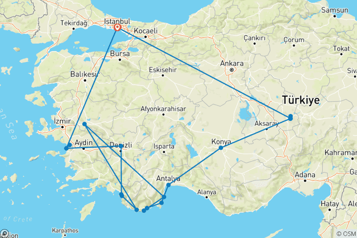 Carte du circuit Circuit privé de 15 jours en TURQUIE | Croisière en goélette, Sérénité et Road Trip VIP | mai à octobre | par ANGELS VACATIONS