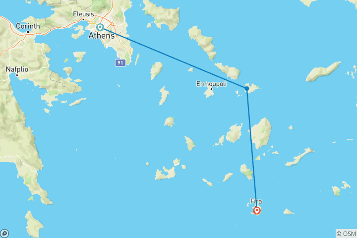 Map of 7 Days Athens-Mykonos-Santorini