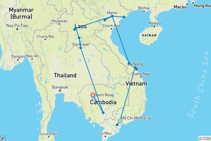 Kaart van Grand Tour door Indochina