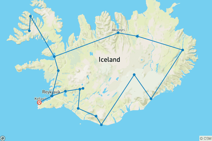 Karte von 12-Tage-Kombination: Geheimnisse der Nordlichter, Westfjorde & geführte Island-Rundreise