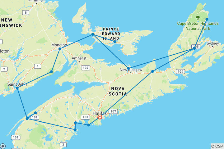Carte du circuit Trésors côtiers des Maritimes canadiennes