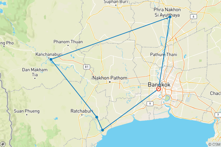 Karte von Reisen durch Zentralthailand - 5 Tage 4 Nächte