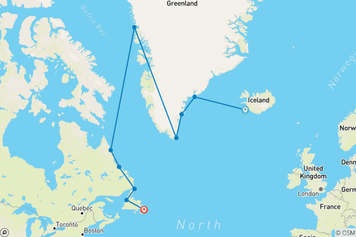 Carte du circuit Traversée de l'Atlantique Nord : Islande, Groenland et Labrador