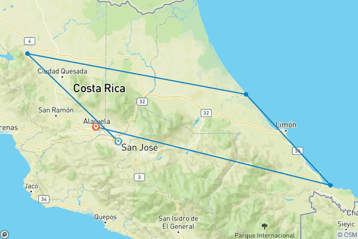 Carte du circuit D'Arenal à la côte caraïbe
