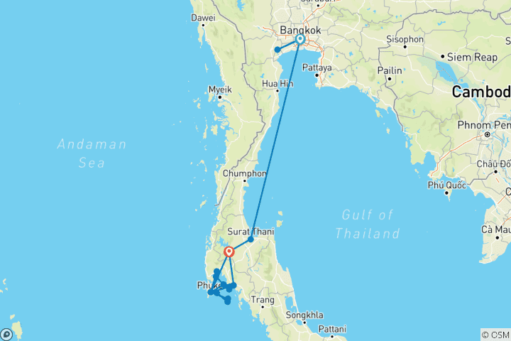 Mapa de Viajes al Sur de Tailandia (9 Días, 8 Noches)